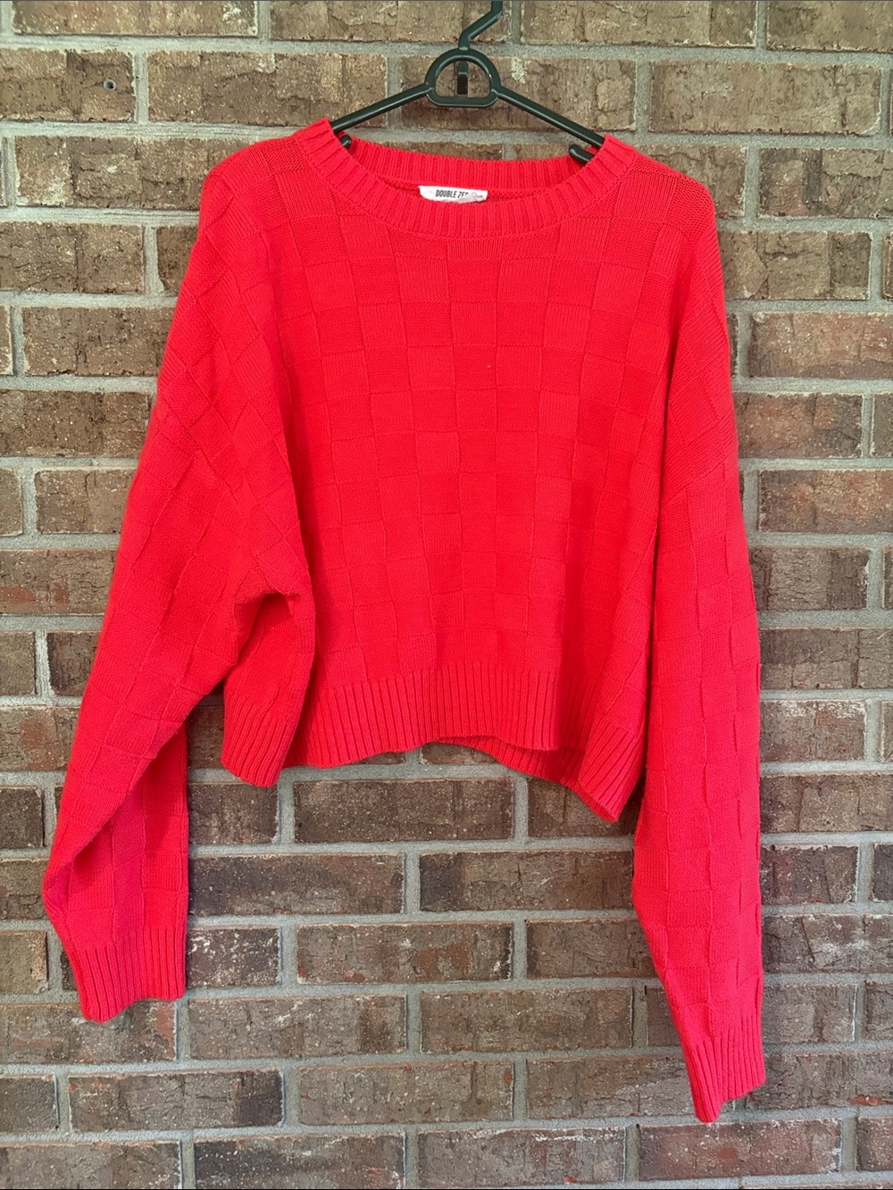 Double Zero Bright Red Textured Crew Neck Sweater Cropped